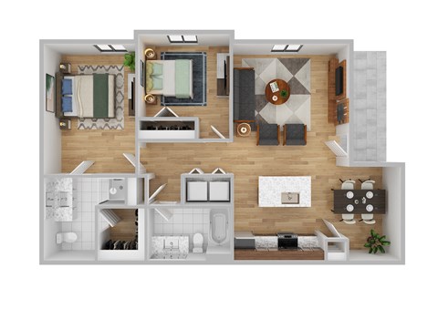 A top-down view of a modern apartment layout with a kitchen, living room, and bedrooms.
